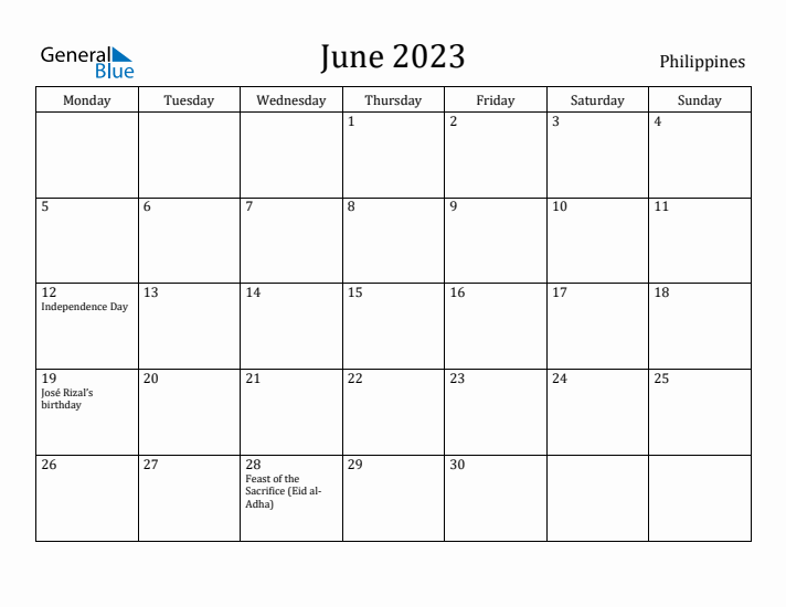 June 2023 Calendar Philippines