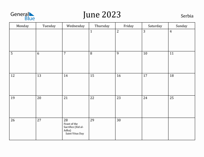 June 2023 Calendar Serbia