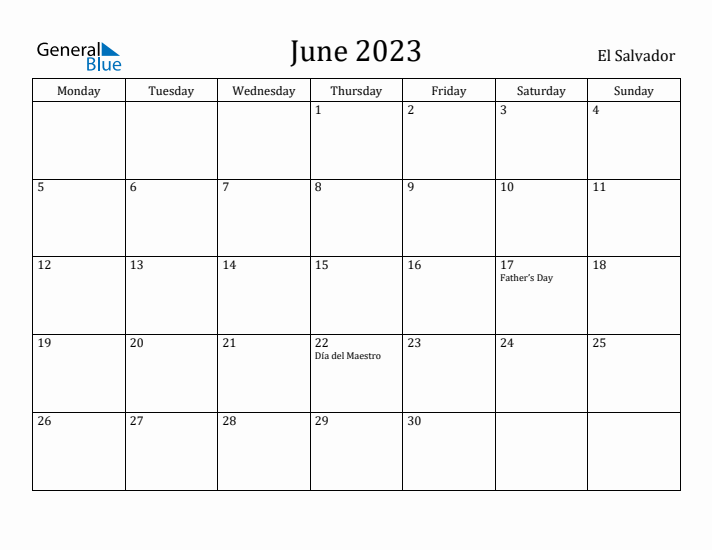 June 2023 Calendar El Salvador