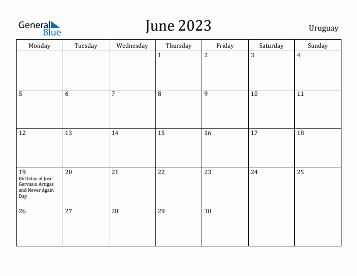 June 2023 Calendar Uruguay