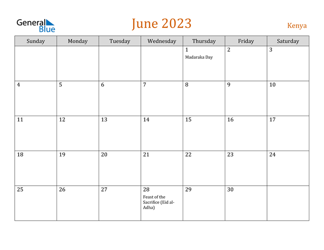 June 2023 Calendar with Kenya Holidays