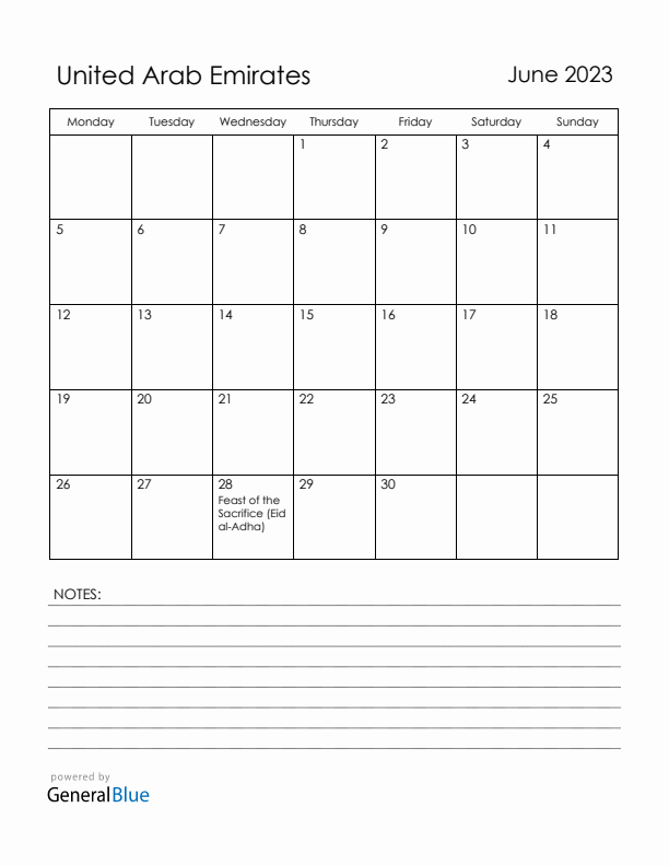 June 2023 United Arab Emirates Calendar with Holidays (Monday Start)