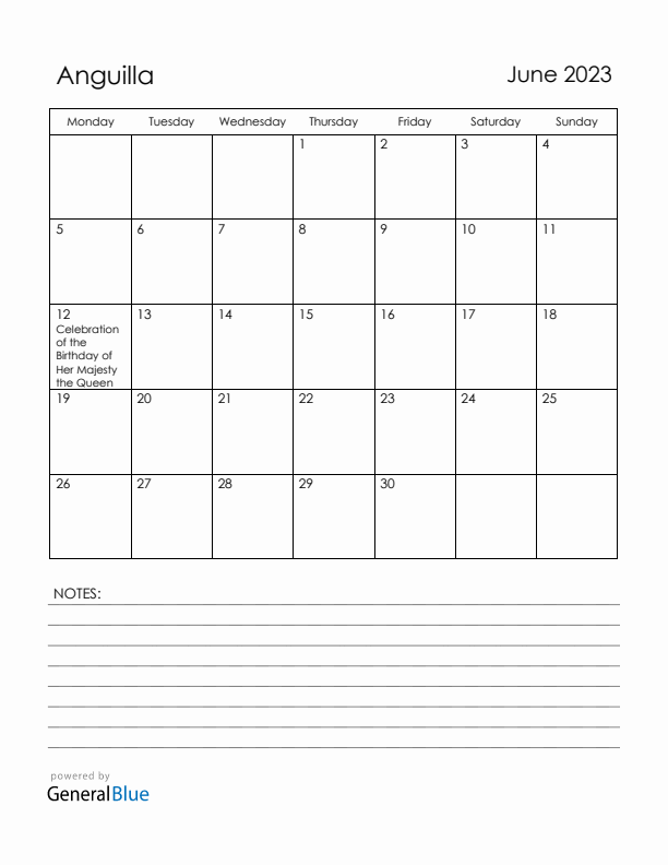 June 2023 Anguilla Calendar with Holidays (Monday Start)