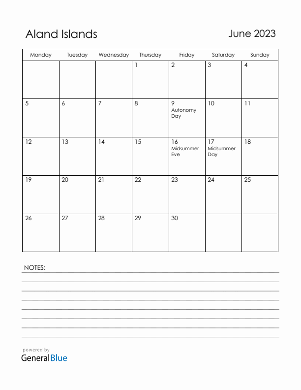 June 2023 Aland Islands Calendar with Holidays (Monday Start)