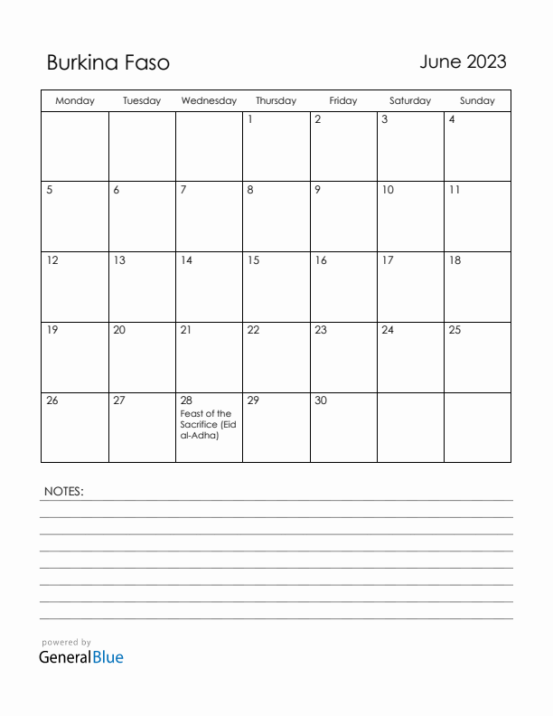 June 2023 Burkina Faso Calendar with Holidays (Monday Start)