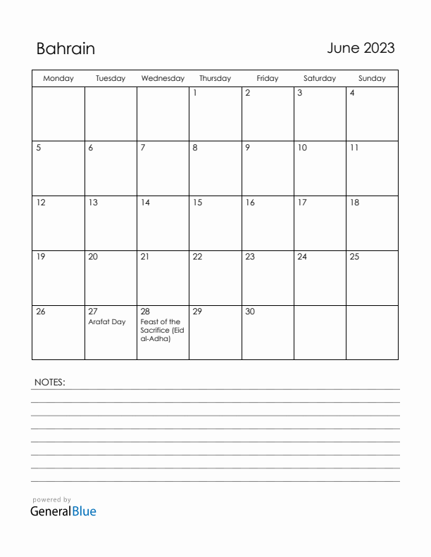 June 2023 Bahrain Calendar with Holidays (Monday Start)