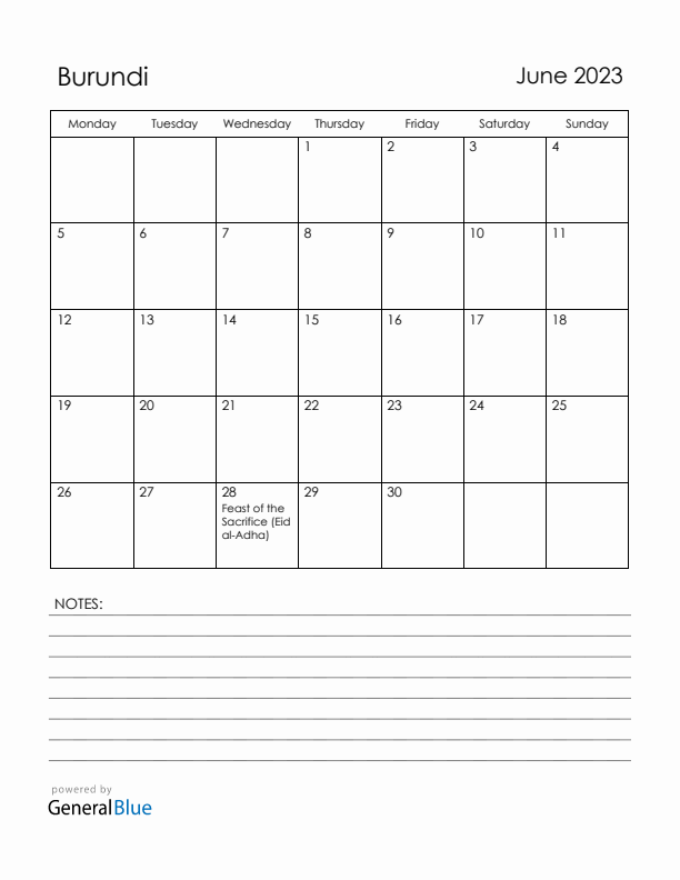 June 2023 Burundi Calendar with Holidays (Monday Start)