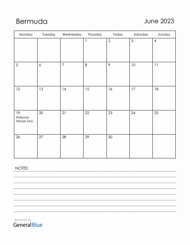 June 2023 Bermuda Calendar with Holidays (Monday Start)