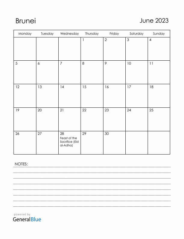 June 2023 Brunei Calendar with Holidays (Monday Start)