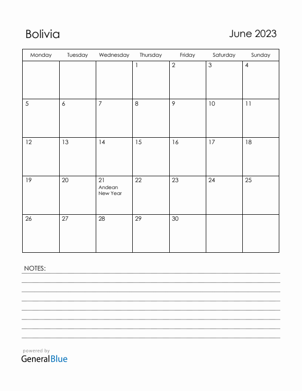 June 2023 Bolivia Calendar with Holidays (Monday Start)