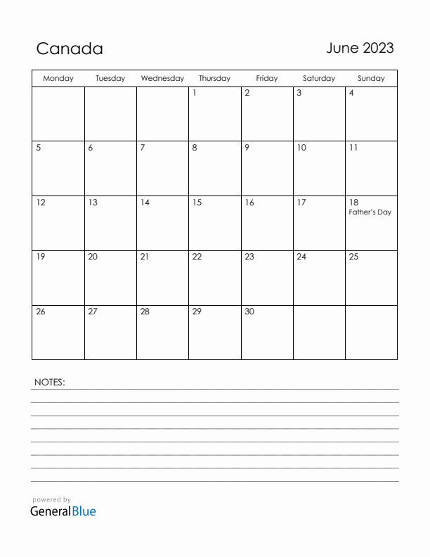 June 2023 Canada Calendar with Holidays (Monday Start)