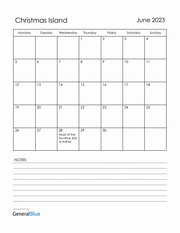 June 2023 Christmas Island Calendar with Holidays (Monday Start)
