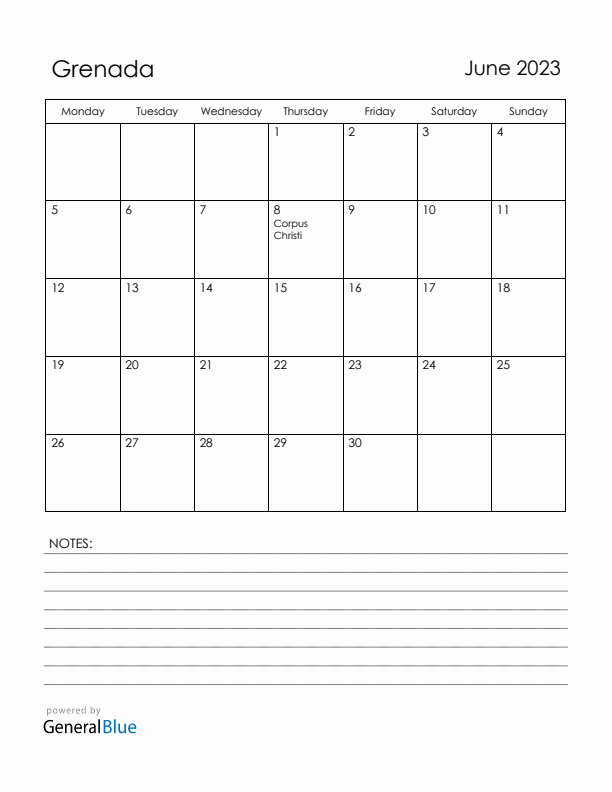 June 2023 Grenada Calendar with Holidays (Monday Start)