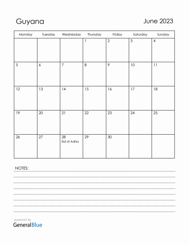 June 2023 Guyana Calendar with Holidays (Monday Start)