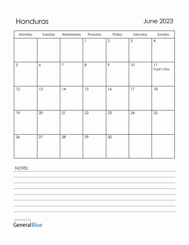 June 2023 Honduras Calendar with Holidays (Monday Start)
