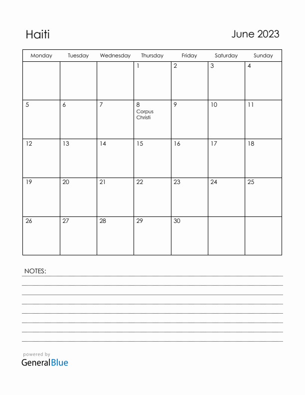 June 2023 Haiti Calendar with Holidays (Monday Start)