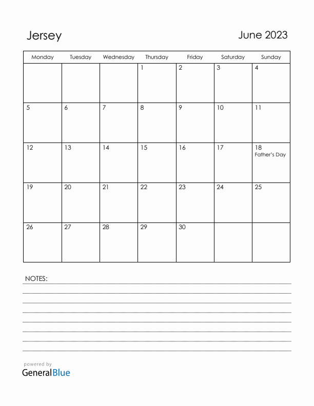 June 2023 Jersey Calendar with Holidays (Monday Start)