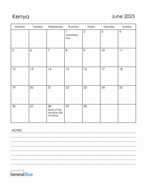 June 2023 Kenya Calendar with Holidays (Monday Start)