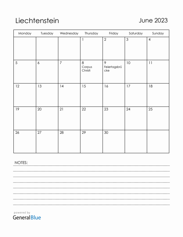 June 2023 Liechtenstein Calendar with Holidays (Monday Start)
