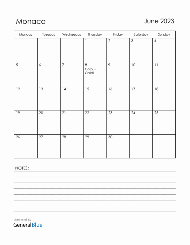 June 2023 Monaco Calendar with Holidays (Monday Start)