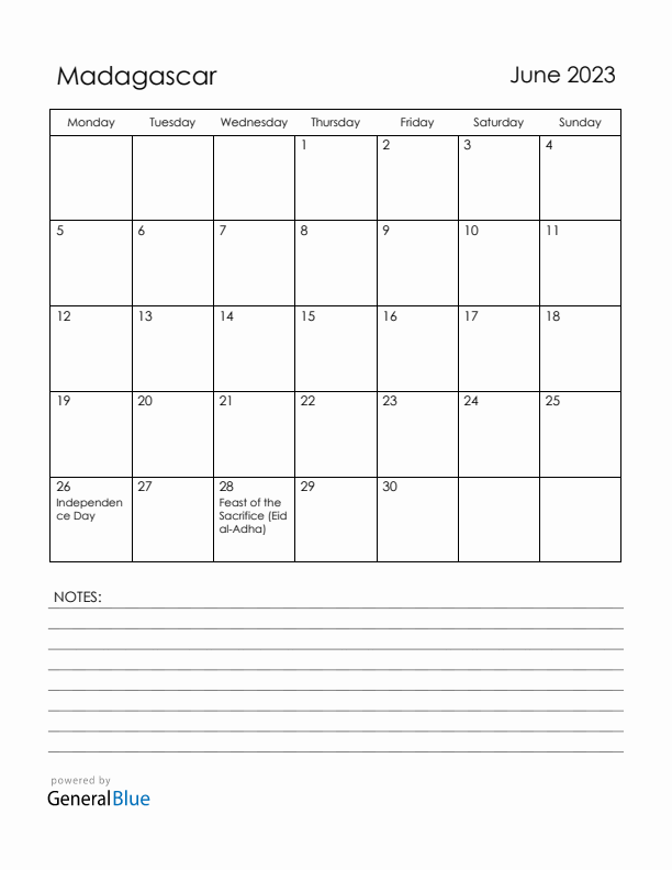 June 2023 Madagascar Calendar with Holidays (Monday Start)