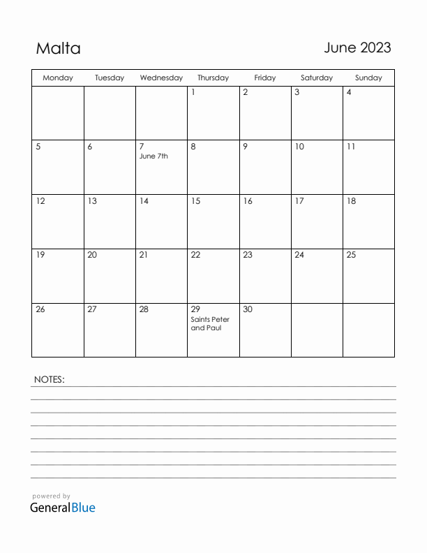 June 2023 Malta Calendar with Holidays (Monday Start)