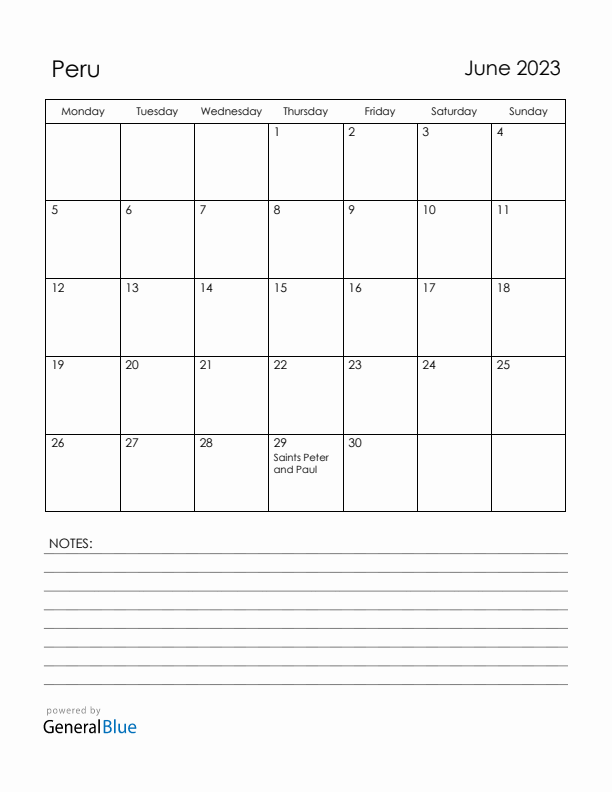 June 2023 Peru Calendar with Holidays (Monday Start)