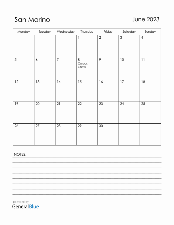 June 2023 San Marino Calendar with Holidays (Monday Start)