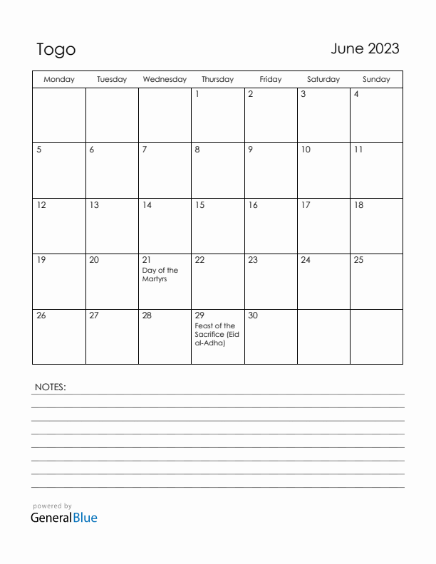 June 2023 Togo Calendar with Holidays (Monday Start)