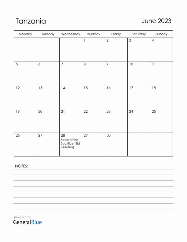 June 2023 Tanzania Calendar with Holidays (Monday Start)