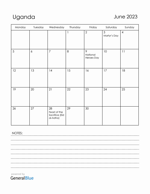 June 2023 Uganda Calendar with Holidays (Monday Start)
