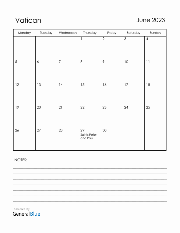 June 2023 Vatican Calendar with Holidays (Monday Start)