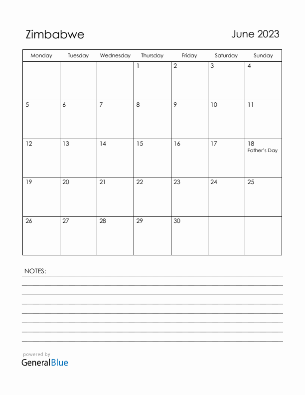 June 2023 Zimbabwe Calendar with Holidays (Monday Start)