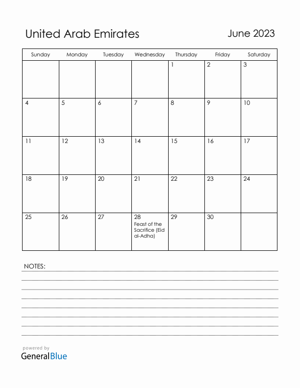 June 2023 United Arab Emirates Calendar with Holidays (Sunday Start)