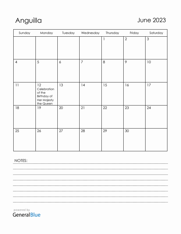 June 2023 Anguilla Calendar with Holidays (Sunday Start)