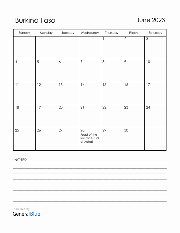 June 2023 Burkina Faso Calendar with Holidays (Sunday Start)