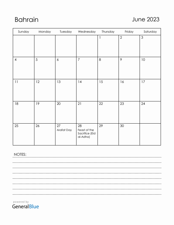 June 2023 Bahrain Calendar with Holidays (Sunday Start)
