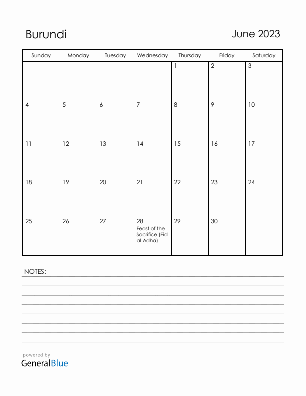 June 2023 Burundi Calendar with Holidays (Sunday Start)