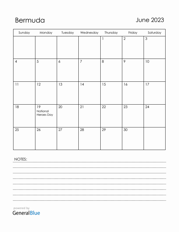 June 2023 Bermuda Calendar with Holidays (Sunday Start)