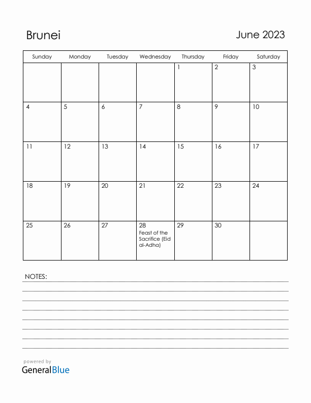 June 2023 Brunei Calendar with Holidays (Sunday Start)