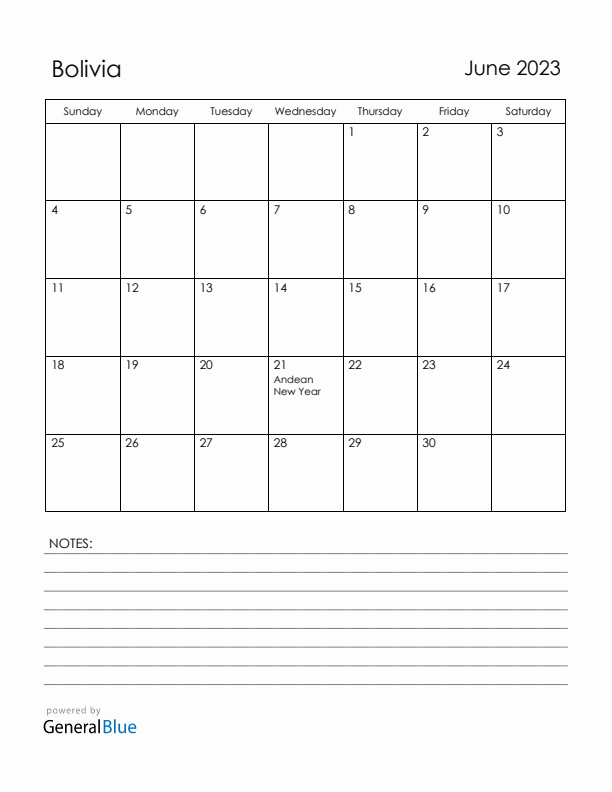 June 2023 Bolivia Calendar with Holidays (Sunday Start)