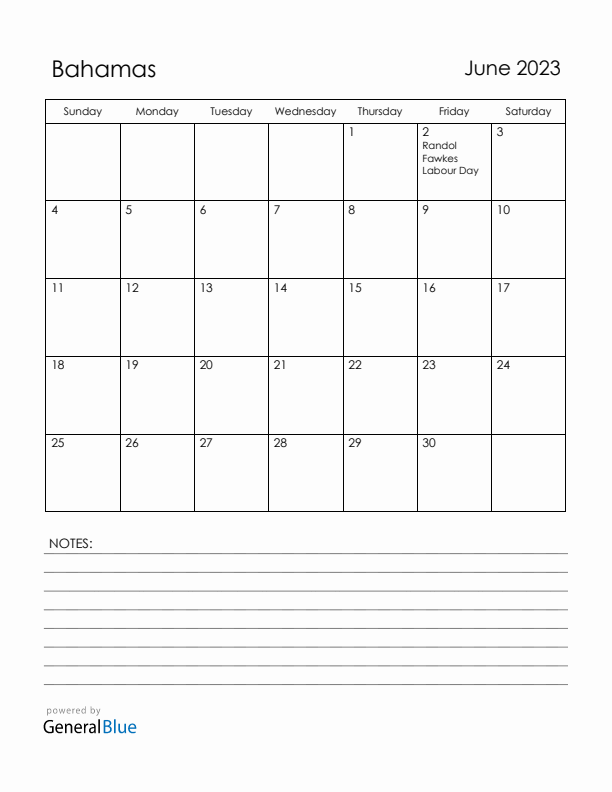June 2023 Bahamas Calendar with Holidays (Sunday Start)