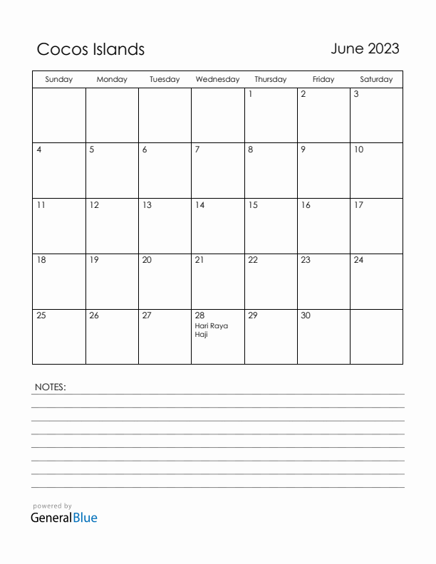 June 2023 Cocos Islands Calendar with Holidays (Sunday Start)
