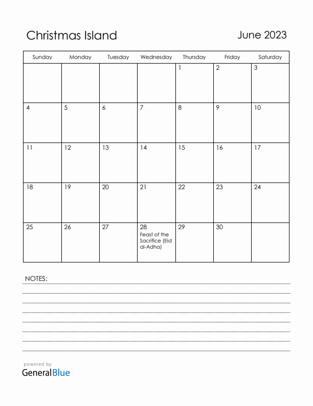 June 2023 Christmas Island Calendar with Holidays (Sunday Start)
