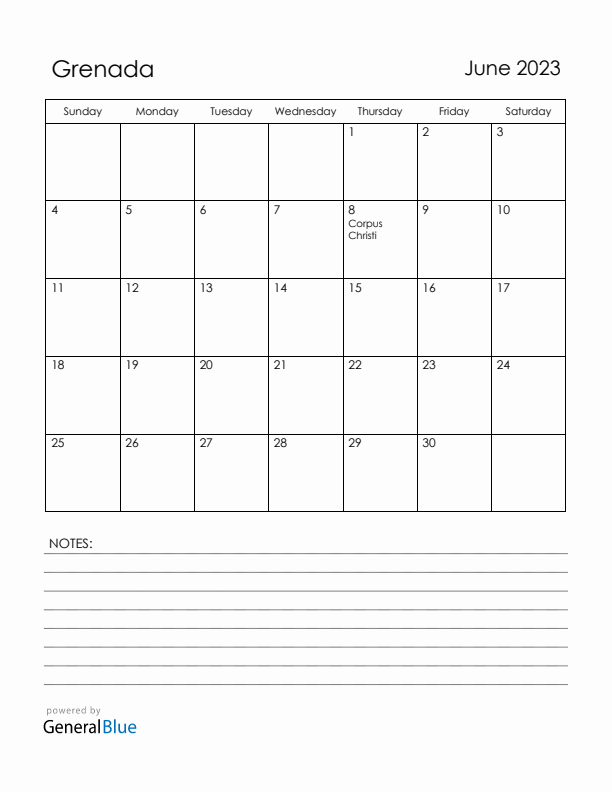 June 2023 Grenada Calendar with Holidays (Sunday Start)