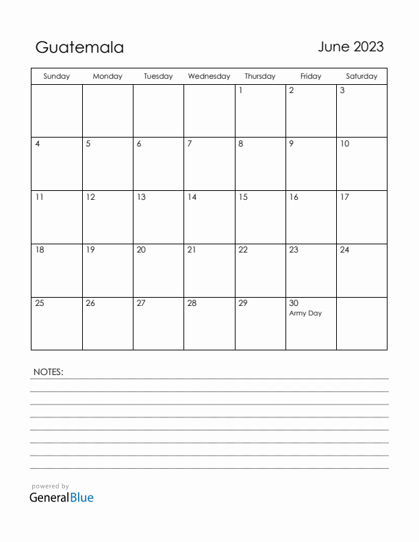 June 2023 Guatemala Calendar with Holidays (Sunday Start)