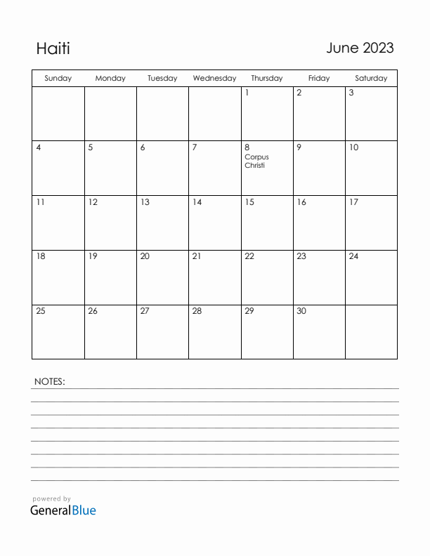 June 2023 Haiti Calendar with Holidays (Sunday Start)