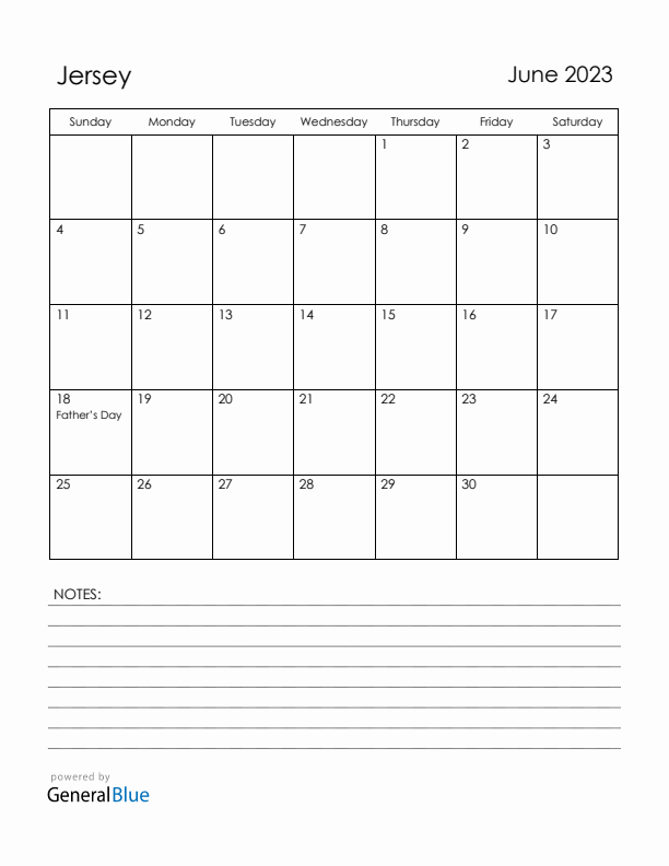 June 2023 Jersey Calendar with Holidays (Sunday Start)