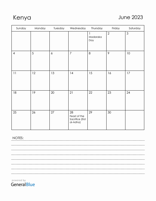 June 2023 Kenya Calendar with Holidays (Sunday Start)