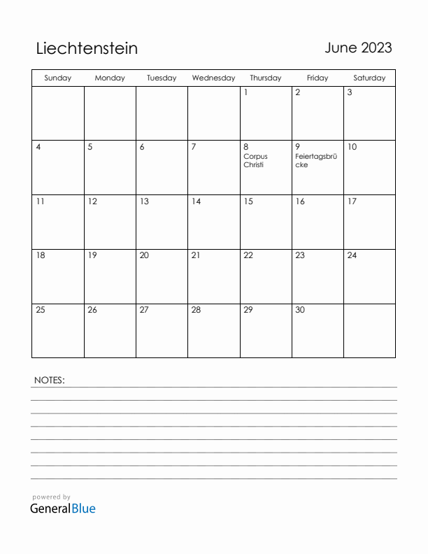 June 2023 Liechtenstein Calendar with Holidays (Sunday Start)